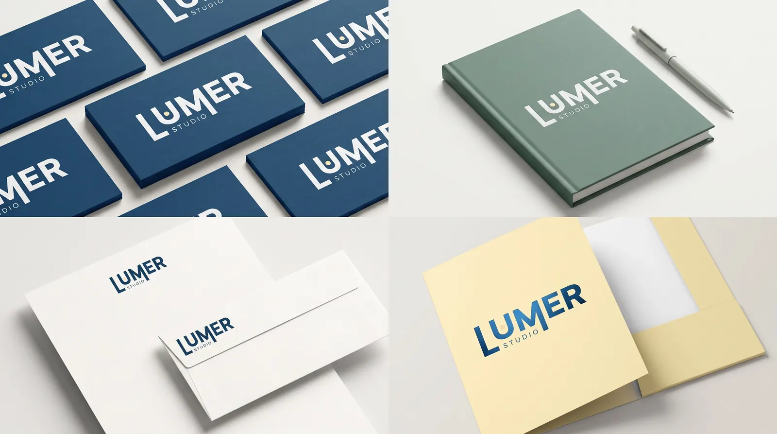 Papelería de Lumer Studio: tarjetas de presentación azules, libreta verde, hoja membretada y carpeta