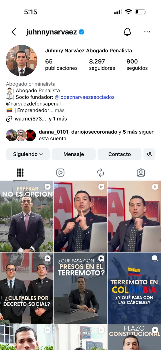 Perfil de Instagram de Juhnny Narváez, abogado penalista